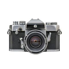 Vintage 35mm SLR camera.  Front view,  silver and black,  large lens