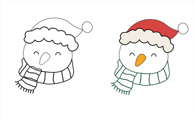 Adorable snowman illustration with a winter hat and scarf. Set includes a black and white coloring page and a fully colored version. Perfect for kids activities, Christmas crafts, printable worksheets