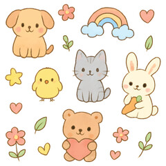 Cute cartoon animals and flowers, a cheerful collection of adorable pets and plants