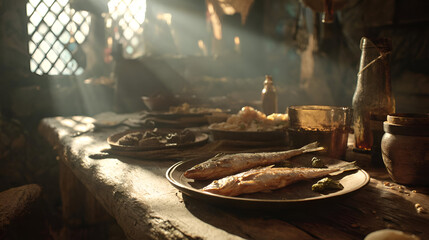 Medieval Rustic Feast: Sunlit Wooden Table with Cooked Fish and Dishes