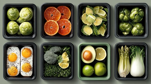 Meal prep graphics featuring portioned containers, healthy ingredients, and cooking visuals, ideal for nutrition, fitness, and planning
