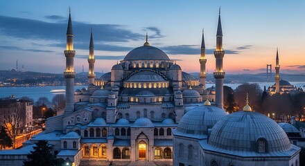 Fototapeta premium Majestic Sultan Ahmed Mosque in Istanbul with ethereal dawn sky overlooking the city