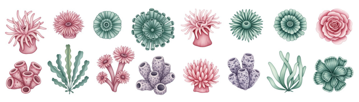 Colorful underwater flora featuring diverse coral and sea plants, illustrating the beauty of marine life.