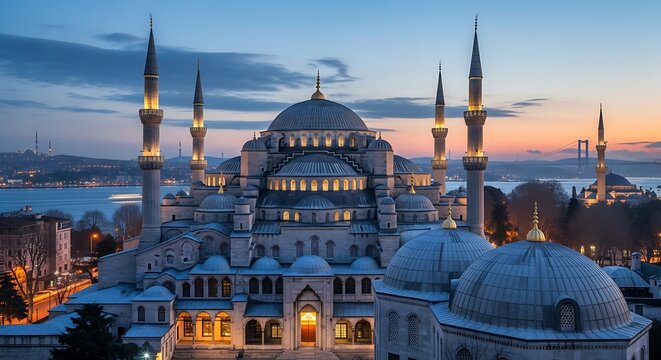 Majestic Sultan Ahmed Mosque in Istanbul with ethereal dawn sky overlooking the city