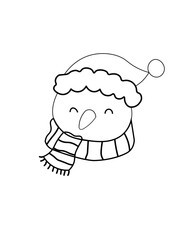 Cute snowman outline illustration wearing a Santa hat and scarf. Perfect for kids coloring pages, printable Christmas activities, winter worksheets, and holiday crafts.