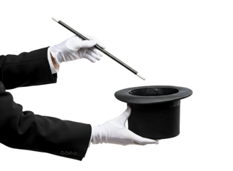 Magician s hands in white gloves holding a wand and top hat isolated on transparent background