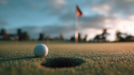 Golf Ball on Putting Green at Sunset