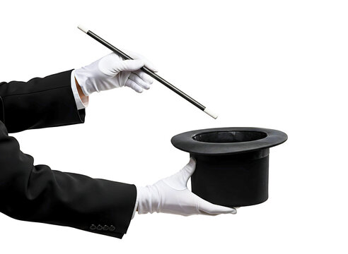 Magician s hands in white gloves holding a wand and top hat isolated on transparent background