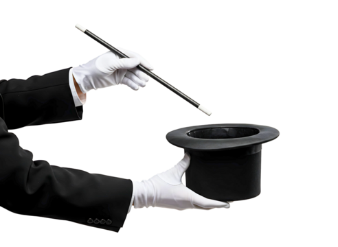 Magician s hands in white gloves holding a wand and top hat isolated on transparent background