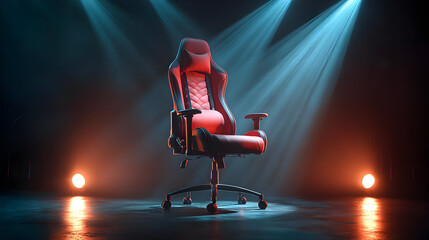 Red Gaming Chair on Dark Stage with Spotlights