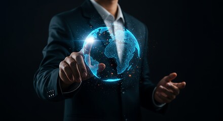 A person interacts with a holographic representation of the earth.