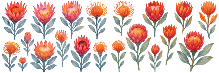 A vibrant collection of stylized flowers in shades of orange and pink, showcasing intricate petal designs.