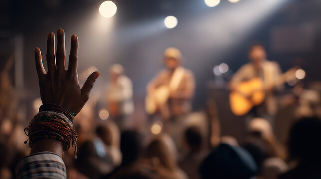 Hand with bracelets raised at music concert, suitable for promoting live events, music festivals, lifestyle blogs, and party invitations.