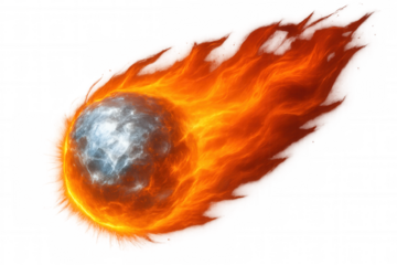 Blazing planet with a trail of fire entering atmosphere, isolated on transparent background, ideal for space and sci-fi projects