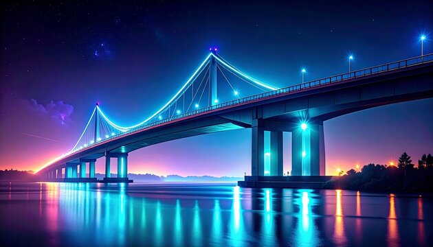 Vibrant Neon Bridge Over Water at Night.