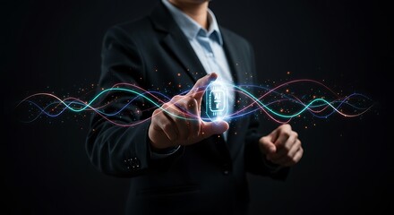 Obraz premium Businessperson interacts with a holographic circuit.