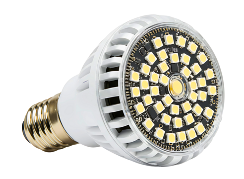 Modern led light bulb with multiple small bulbs isolated on transparent background