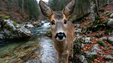 Mammals in forest environments including deer, foxes, or bears captured in natural behavior, ideal for conservation and nature themes