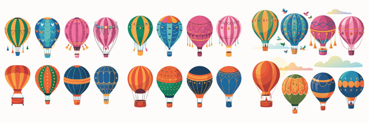 Colorful Cartoon Hot Air Balloons with Intricate Designs Floating Against a Light Background