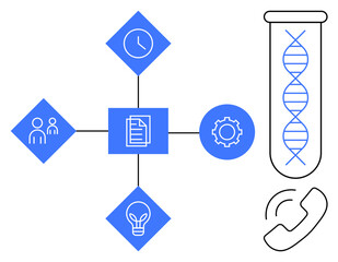 Central document connects team collaboration, clock, lightbulb for innovation, gear for mechanism. Includes DNA helix in tube symbolizing science and phone for communication. Ideal for research