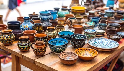 Colorful pottery display on a table