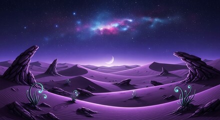 Mystical violet dunes under a celestial canopy bathed in cosmic twilight hues serene landscape