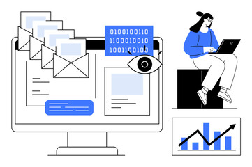 Computer screen displaying emails, binary code, and an eye icon, woman using laptop, chart with upward trend. Ideal for technology, email, data analysis, cybersecurity communication growth