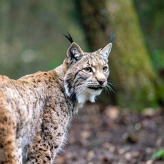 Obraz premium Eurasian lynx in forest, alert, looking right