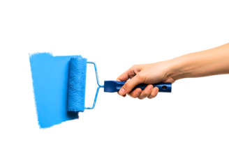 Hand holding a blue paint roller with a tray isolated on transparent background