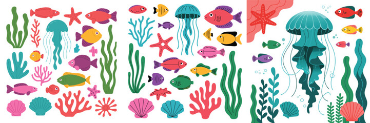 Fototapeta premium Colorful Underwater World Illustration with Fish, Jellyfish, Starfish, Seaweed, and Seashells Set