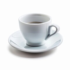 Obraz premium White ceramic coffee cup and saucer, filled with dark liquid, on white background