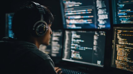 Software engineer focused on backend API development, headphones on, dark workspace lit by screens with database queries and terminal logs