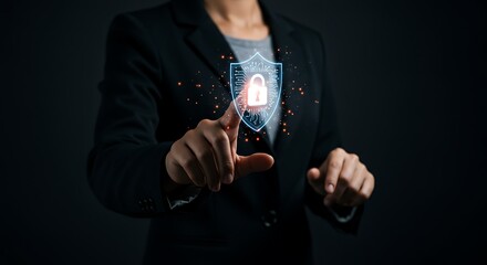 Person interacting with a digital security shield graphic.