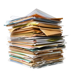A towering stack of various papers, documents, and cardboard.  Papers of different colors and textures are tightly compressed, creating a large, uneven, and somewhat chaotic pile