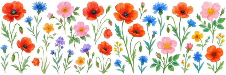 Vibrant watercolor flowers in various colors, showcasing nature's beauty and diversity.