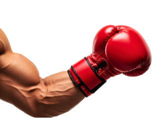 Muscular boxer arm flexing with red glove isolated on transparent background