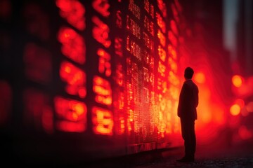 Naklejka premium Businessman Silhouette Standing in Front of Digital Ticker Display in Urban Setting