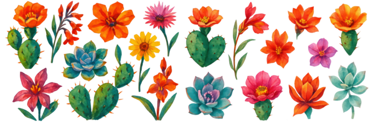 A vibrant collection of hand-painted flowers and succulents in bright colors against a white background.