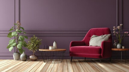 red armchair near wooden table and purple sofa against the wall with mockup in living room interior no logos no brands ar 169
