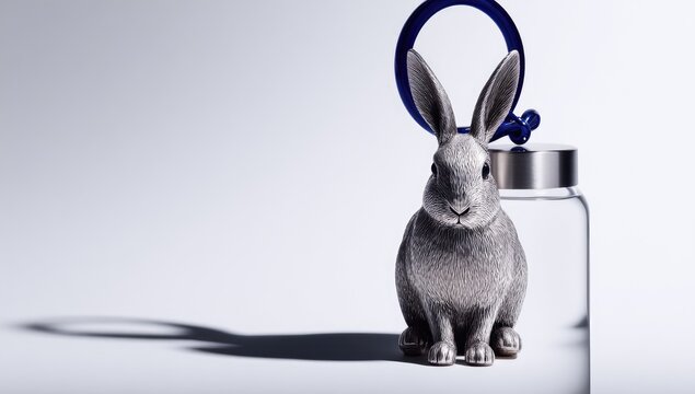 Gray rabbit figurine sits atop a clear glass jar, a blue key ring encircles its head