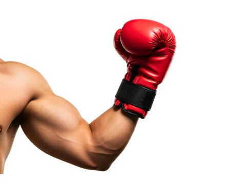 Muscular boxer arm wearing red glove isolated on transparent background
