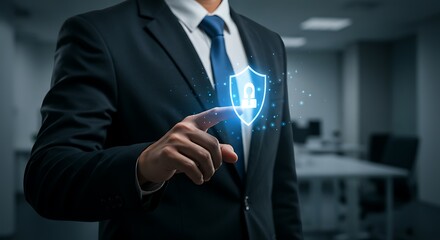 Person in a suit interacting with a digital shield and lock graphic.