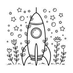 Rocket Launch with Stars and Flowers – Space Adventure Coloring Page, Cute & Cozy Coloring Book for Relaxation and Creativity. Easy, line art vector illustration