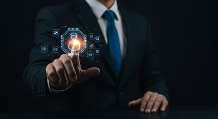 Businessperson interacts with a digital personnel icon.