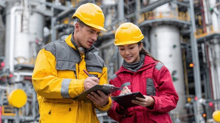 Man and woman refinery engineers conducting inspection at large petrochemical plant, writing notes while observing manufacturing line
