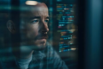 A focused man coding at night.