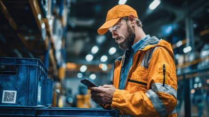 Male logistics technician in full uniform scanning QR code on cargo crate using handheld device, modern warehouse with automated systems around