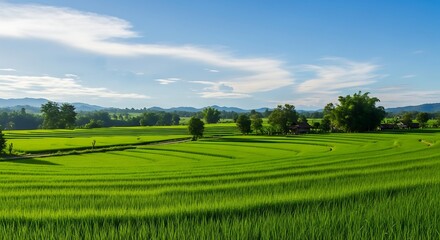 Lush green rice terraces under a bright blue sky provide a serene landscape for agriculture in