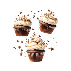 Three delicious cupcakes floating in the air.
