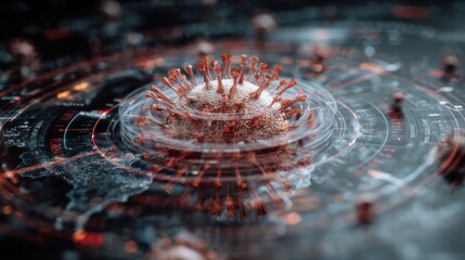 Macro shot of virus structure rotating above transparent layers of pandemic-related data, world maps, and digital counters of cases and recoveries